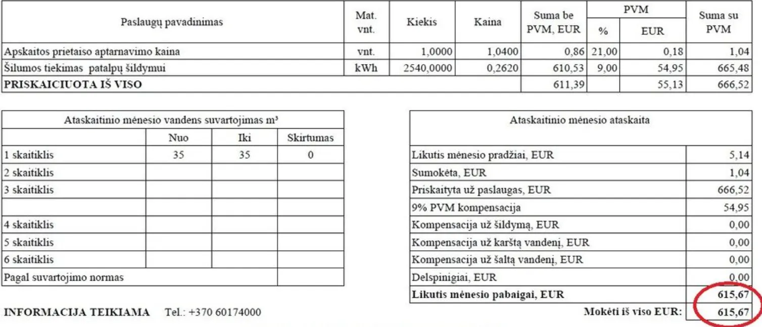 Sąskaita už šildymą. Skaitytojos nuotr.